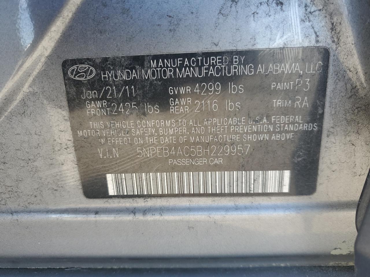 2011 Hyundai Sonata VIN 5NPEB4AC5BH229957 Copart auction photo, all over damage thumbnail 12