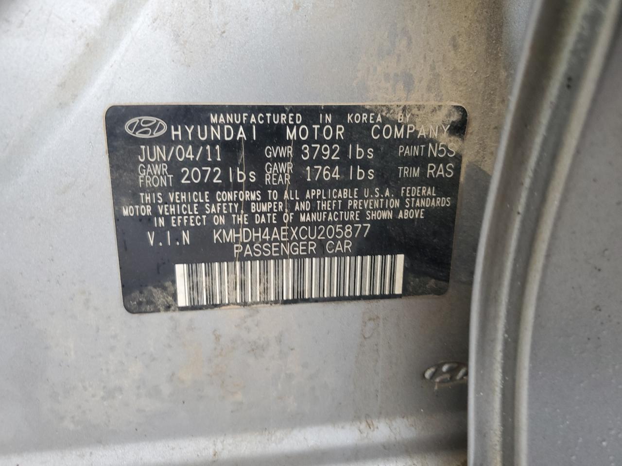 2012 Hyundai Elantra VIN KMHDH4AEXCU205877 Copart auction photo, side / front end damage thumbnail 12
