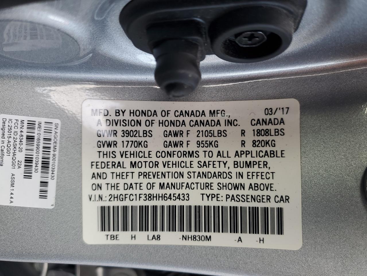 2017 Honda Civic VIN 2HGFC1F38HH645433 Copart auction photo, front end / side damage thumbnail 14