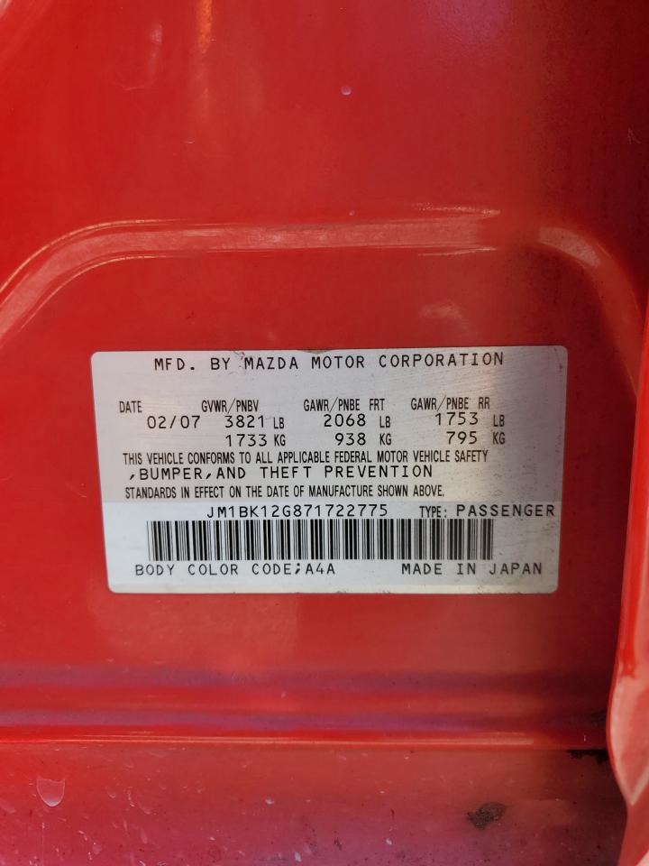 2007 Mazda 3 VIN JM1BK12G871722775 Copart auction photo, front end damage thumbnail 12