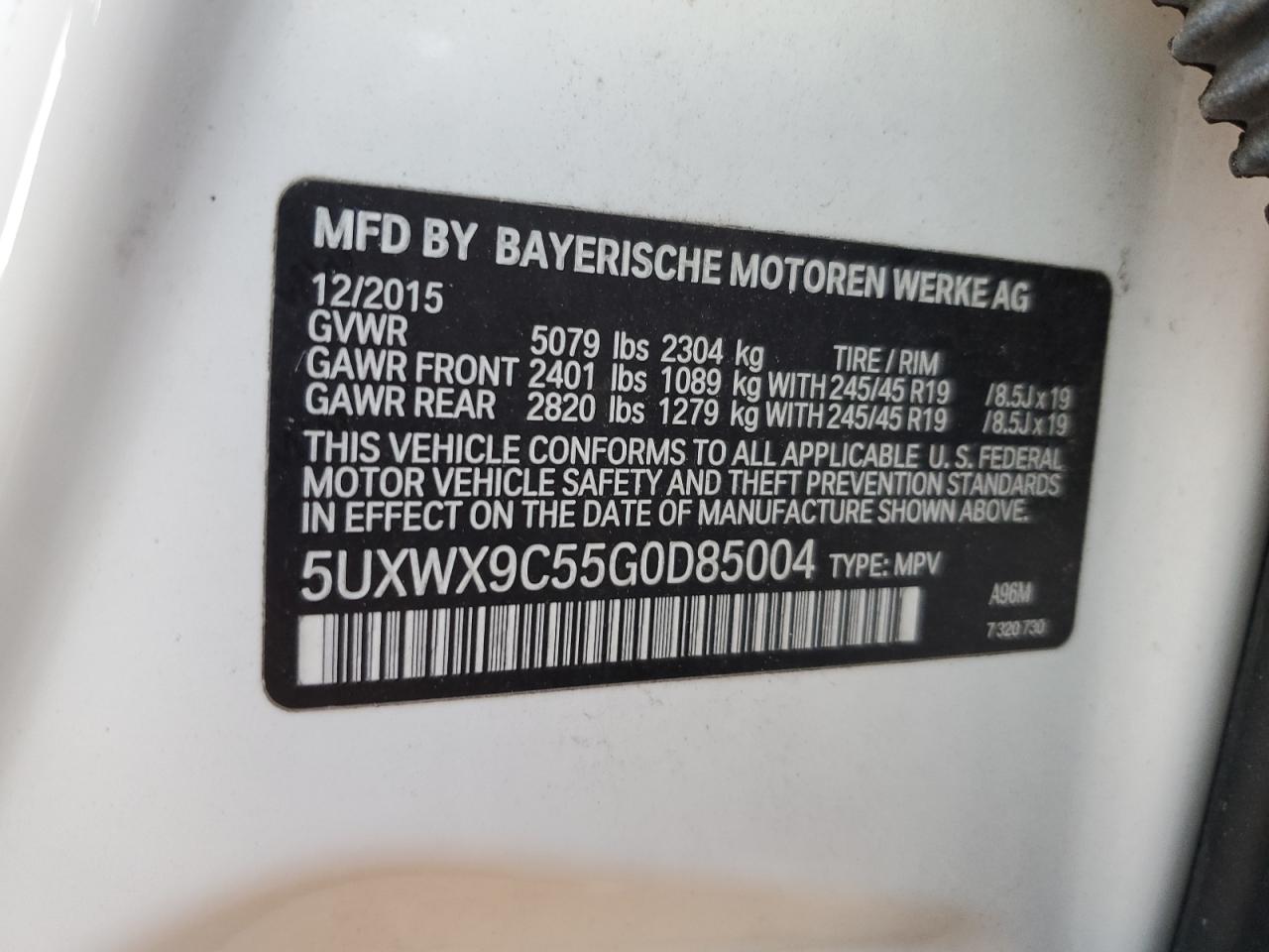 2016 BMW X3 VIN 5UXWX9C55G0D85004 Copart auction photo, rear end damage thumbnail 13