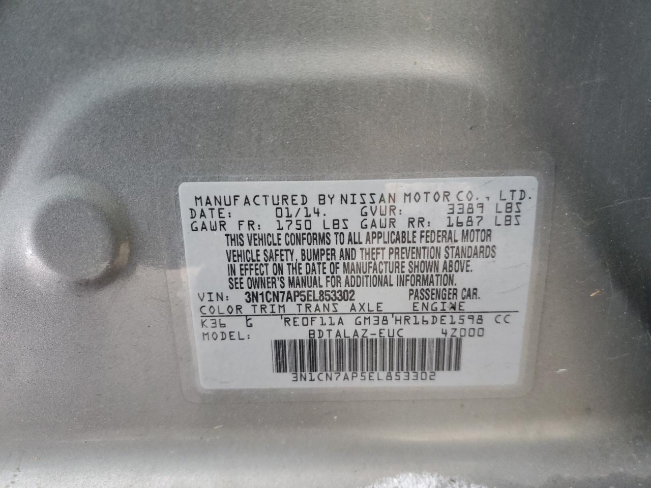 2014 Nissan Versa VIN 3N1CN7AP5EL853302 Copart auction photo, front end damage thumbnail 12