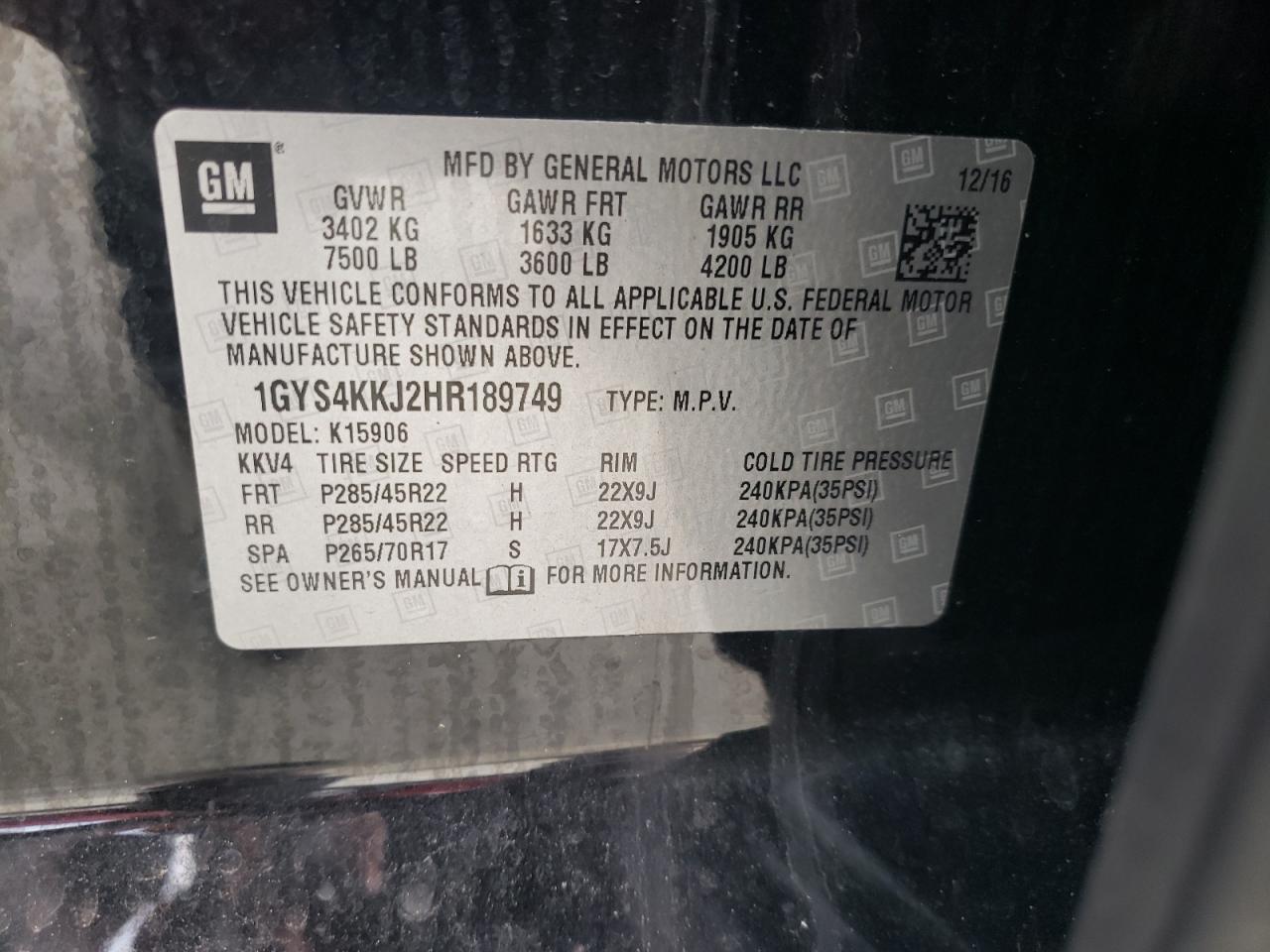 2017 Cadillac Escalade VIN 1GYS4KKJ2HR189749 Copart auction photo, top/roof damage thumbnail 14