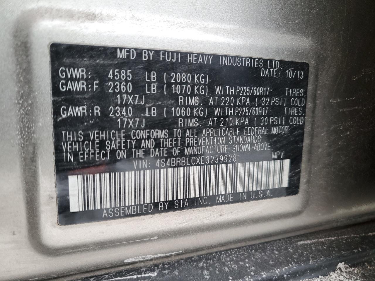 2014 Subaru Outback VIN 4S4BRBLCXE3239928 Copart auction photo, side damage thumbnail 13