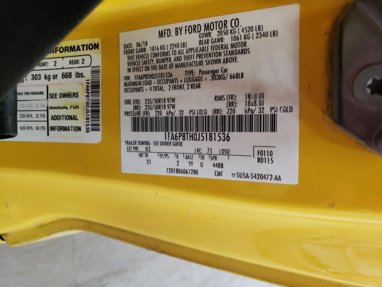 2018 Ford Mustang VIN 1FA6P8TH0J5181536 Copart auction photo, front end damage thumbnail 12