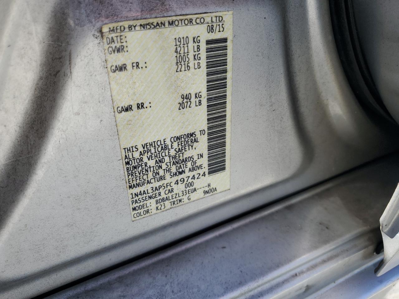 2015 Nissan Altima VIN 1N4AL3AP5FC497424 Copart auction photo, front end / all over damage thumbnail 12