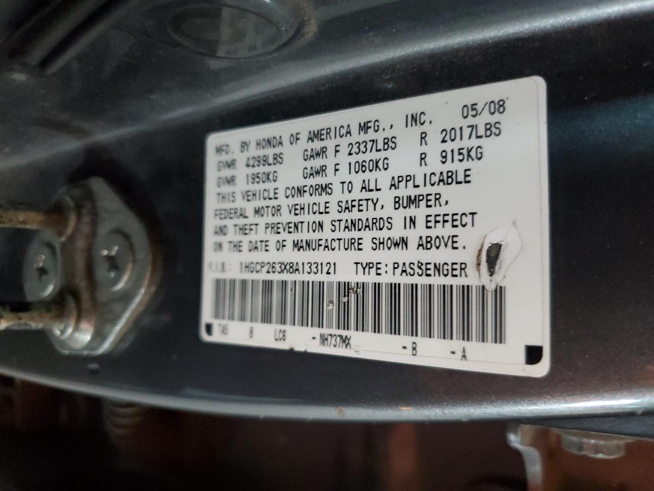 2008 Honda Accord VIN 1HGCP263X8A133121 Copart auction photo, side damage thumbnail 14