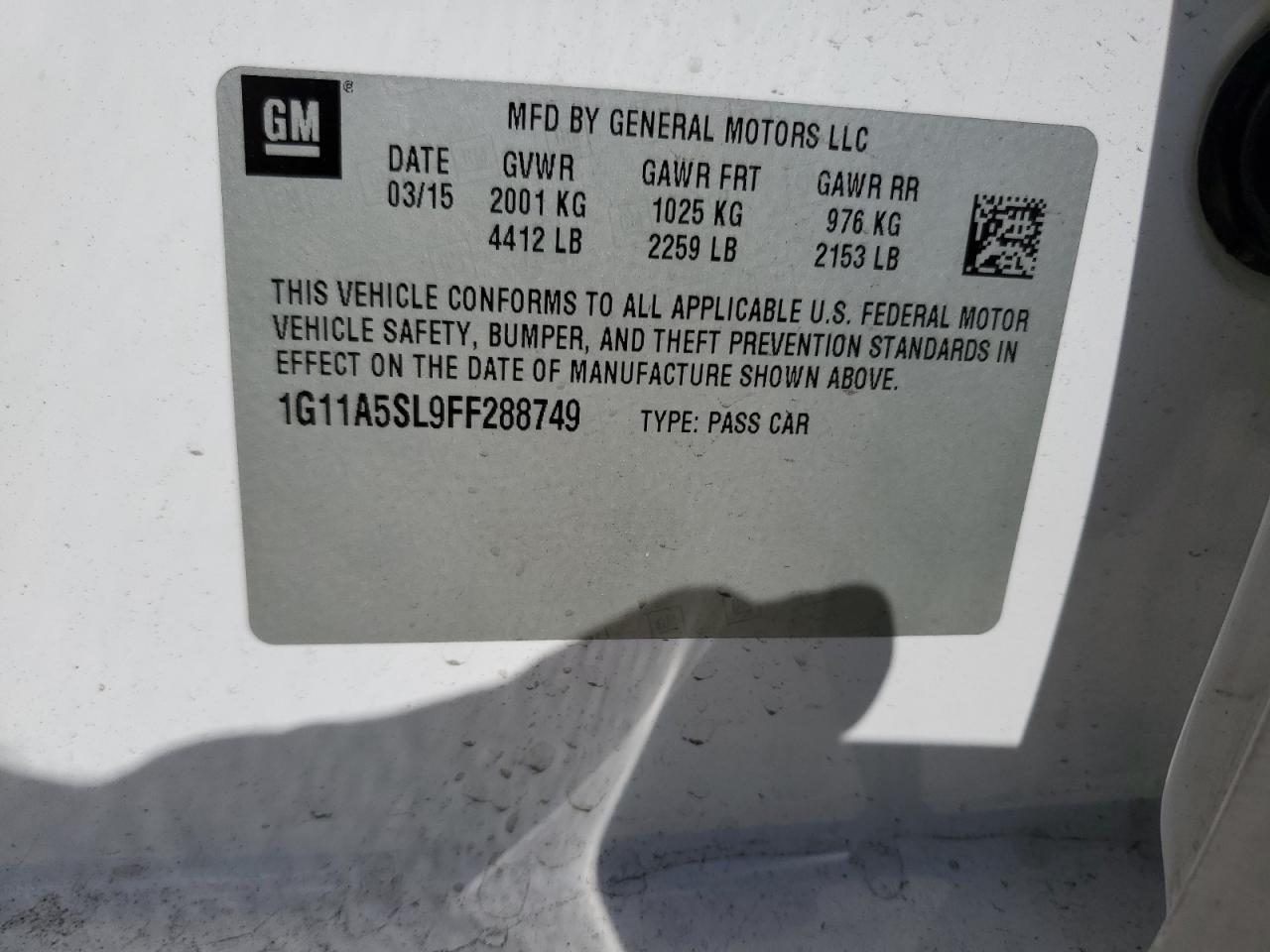 2015 Chevrolet Malibu VIN 1G11A5SL9FF288749 Copart auction photo, front end / rear end damage thumbnail 12
