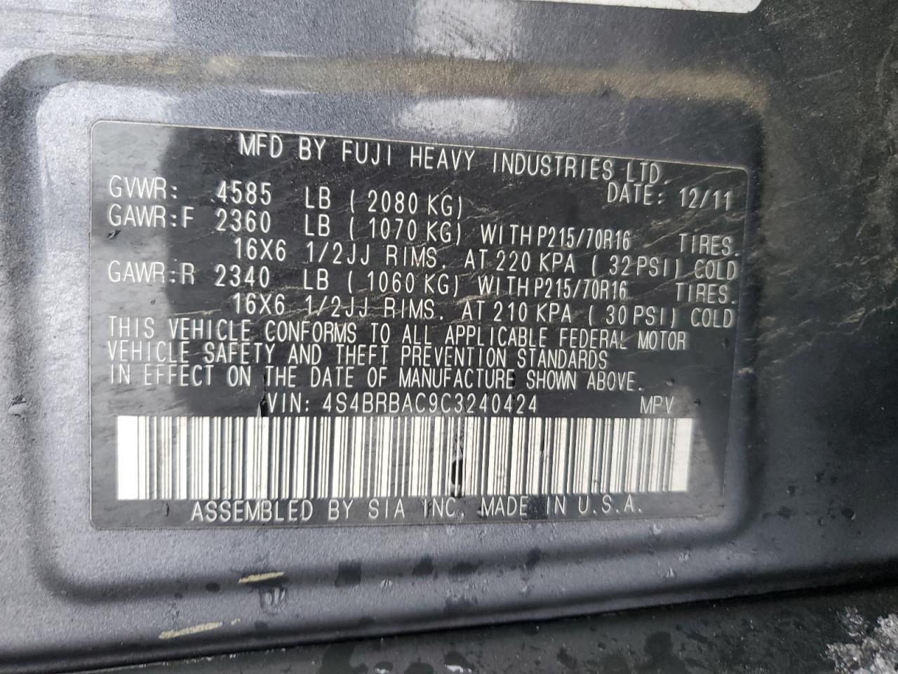 2012 Subaru Outback VIN 4S4BRBAC9C3240424 Copart auction photo, all over damage thumbnail 16
