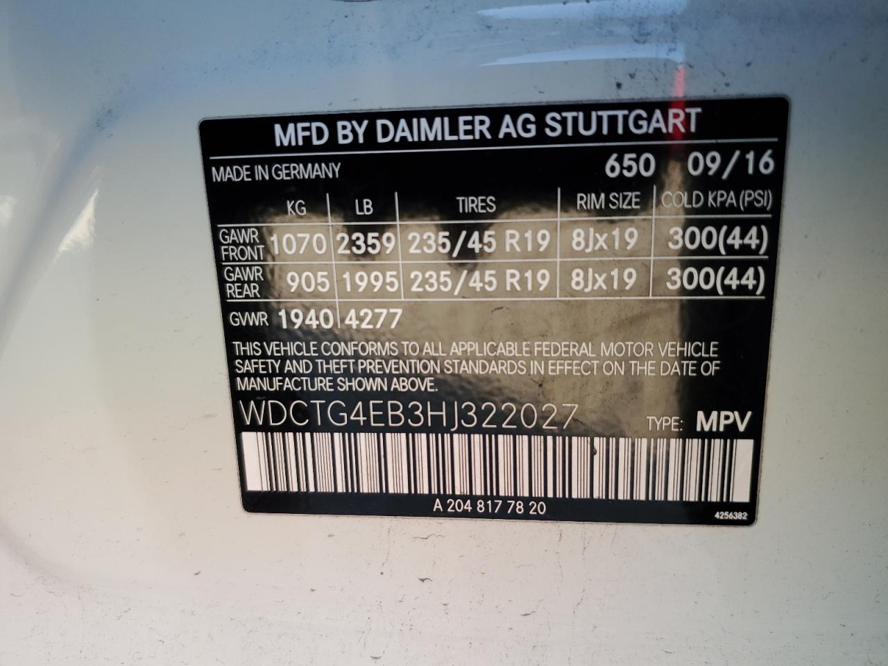 2017 Mercedes-Benz GLA-klasse VIN WDCTG4EB3HJ322027 Copart auction photo, front end damage thumbnail 14