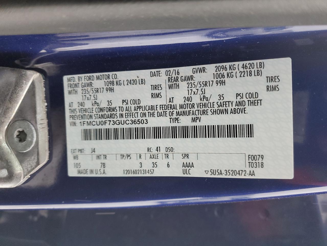 2016 Ford Escape VIN 1FMCU0F73GUC36503 Copart auction photo, side / minor dent/scratches damage thumbnail 13