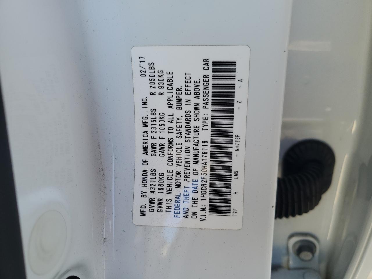 2017 Honda Accord VIN 1HGCR2F50HA176118 Copart auction photo, all over damage thumbnail 15