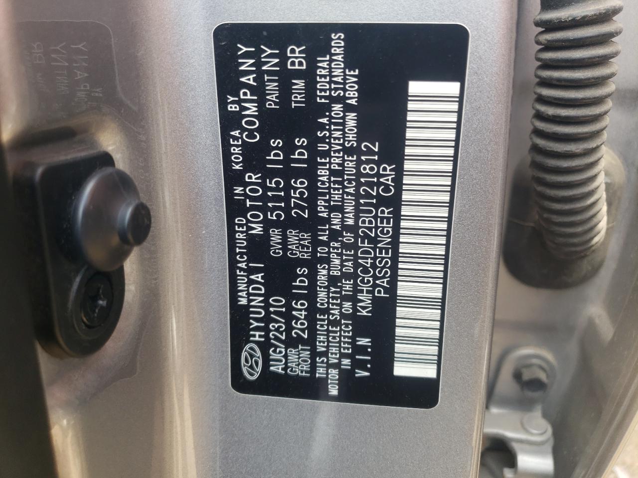 2011 Hyundai Genesis VIN KMHGC4DF2BU121812 Copart auction photo, front end / side damage thumbnail 13