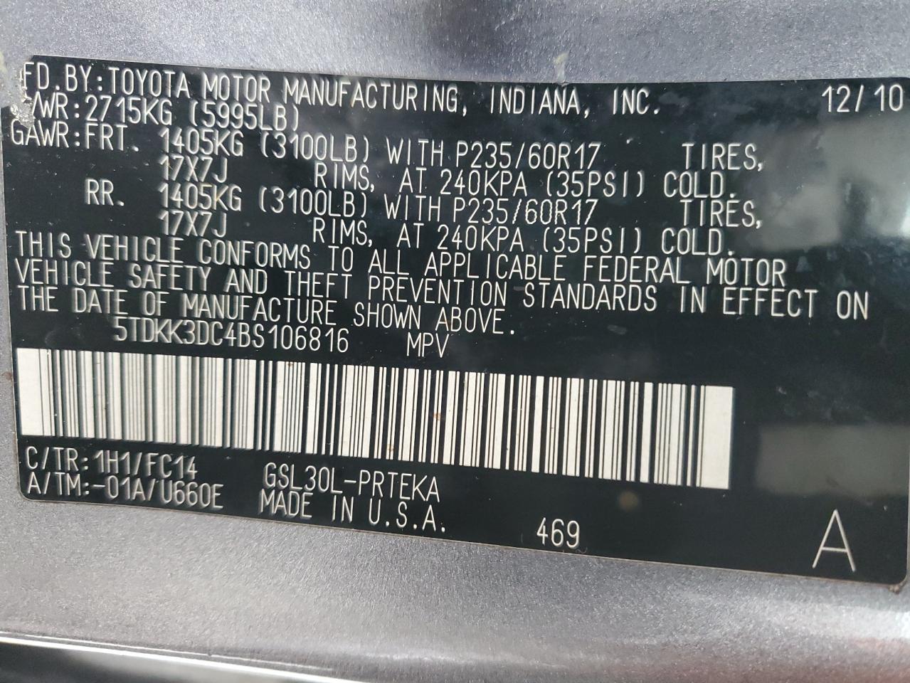 2011 Toyota Sienna VIN 5TDKK3DC4BS106816 Copart auction photo, front end damage thumbnail 13