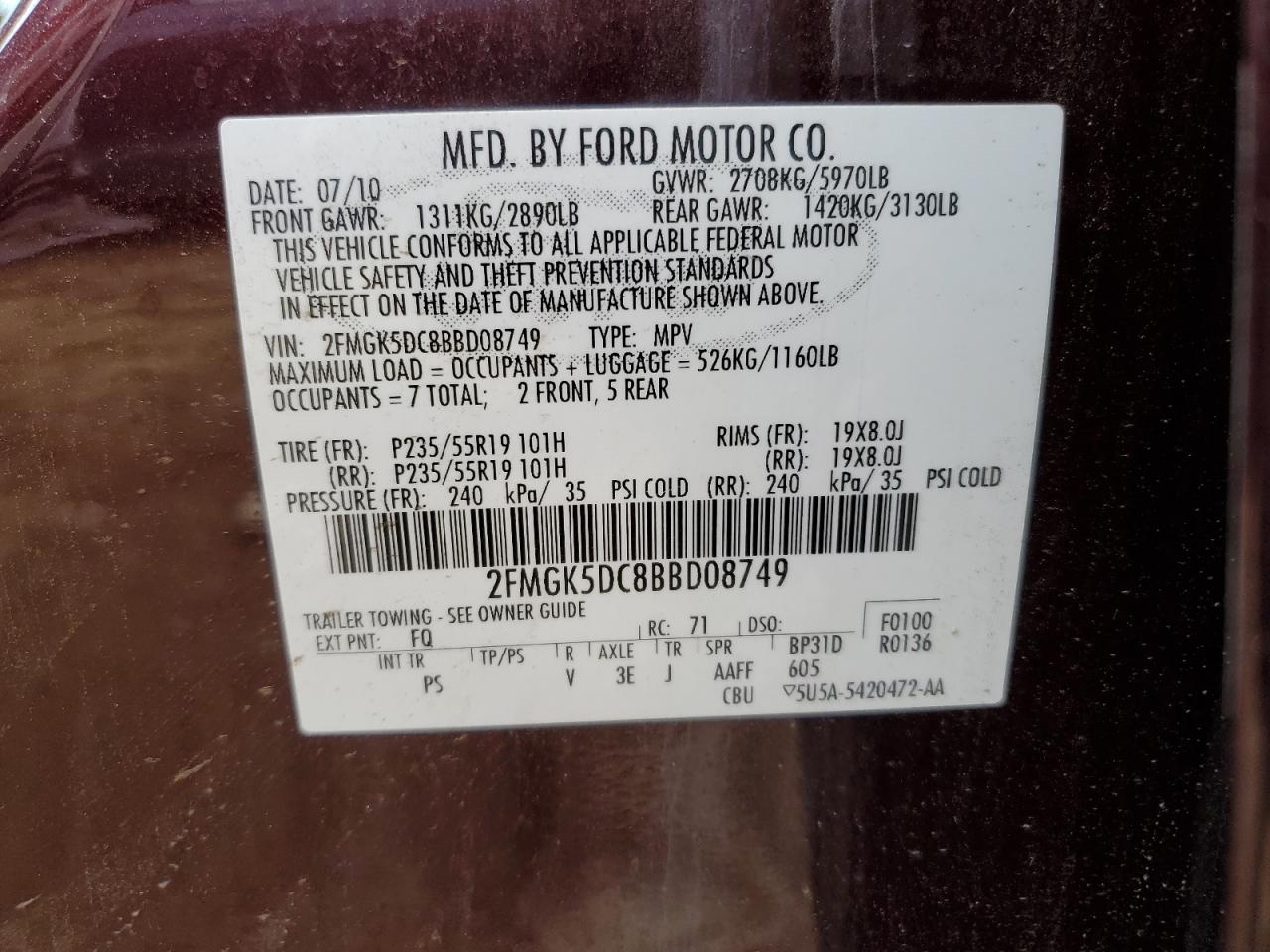 2011 Ford Flex VIN 2FMGK5DC8BBD08749 Copart auction photo, front end damage thumbnail 14