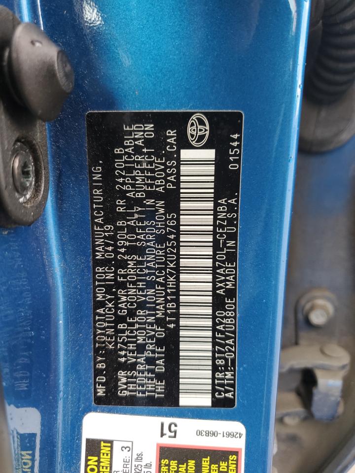 2019 Toyota Camry VIN 4T1B11HK7KU254765 Copart auction photo, rear end / front end damage thumbnail 12
