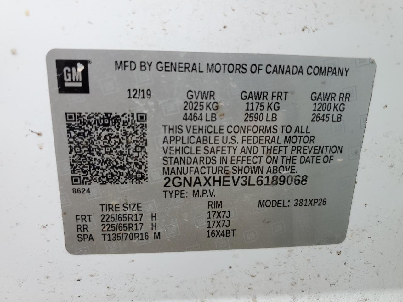 2020 Chevrolet Equinox VIN 2GNAXHEV3L6189068 Copart auction photo, all over damage thumbnail 13