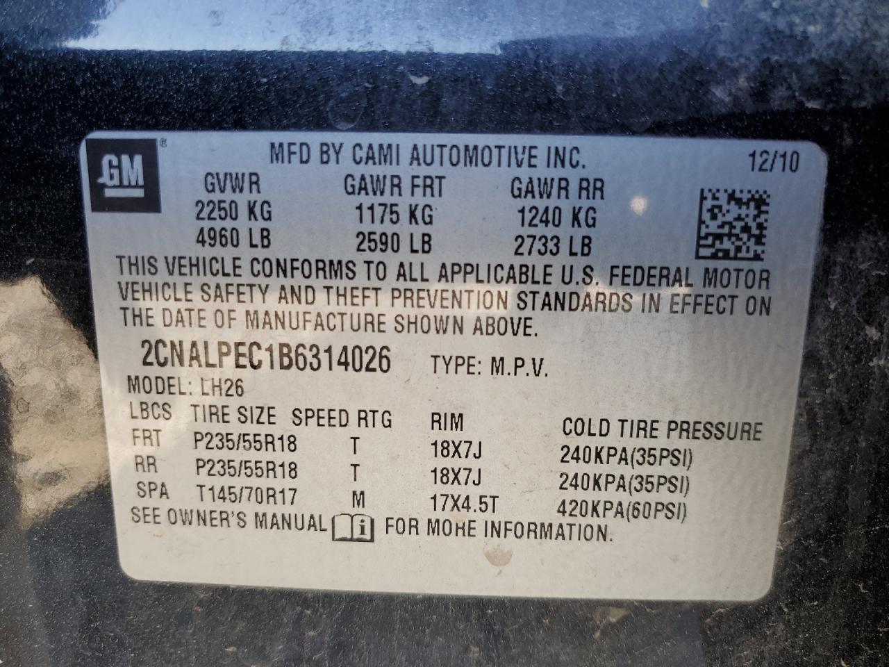 2011 Chevrolet Equinox VIN 2CNALPEC1B6314026 Copart auction photo, rear end damage thumbnail 15