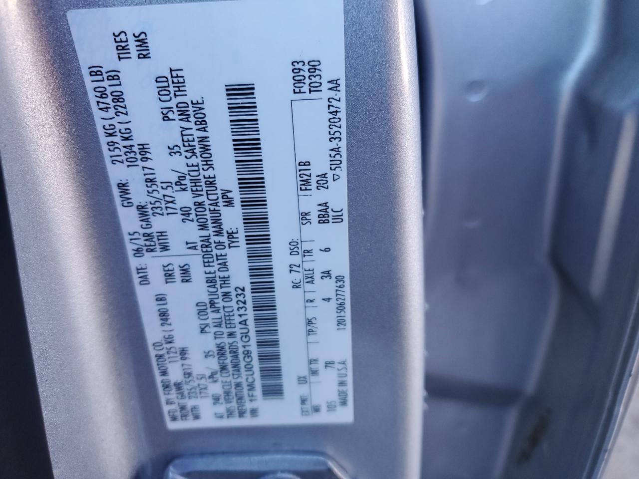 2016 Ford Escape VIN 1FMCU0G91GUA13232 Copart auction photo, front end damage thumbnail 13