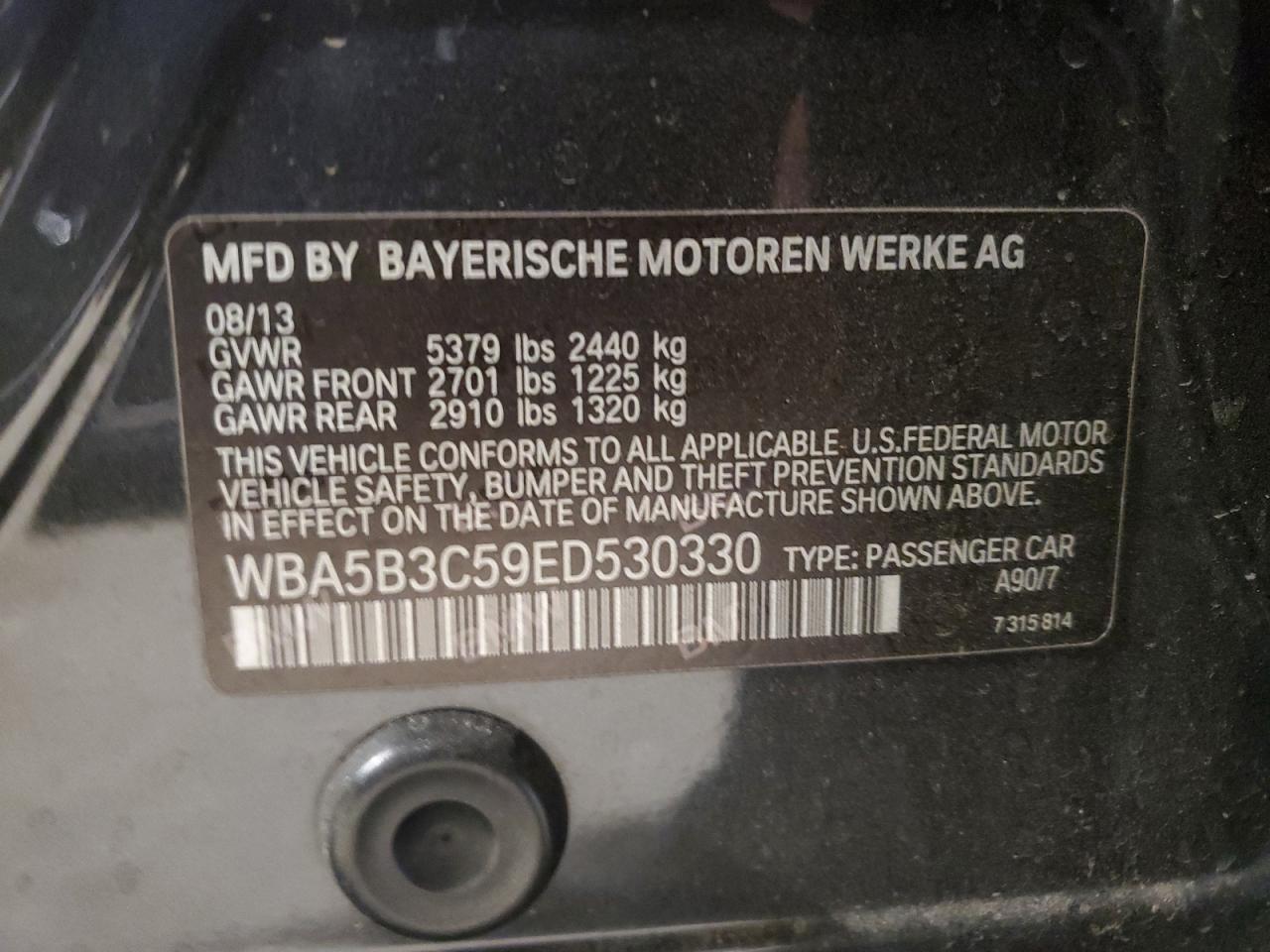 2014 BMW 5er VIN WBA5B3C59ED530330 Copart auction photo, front end damage thumbnail 12