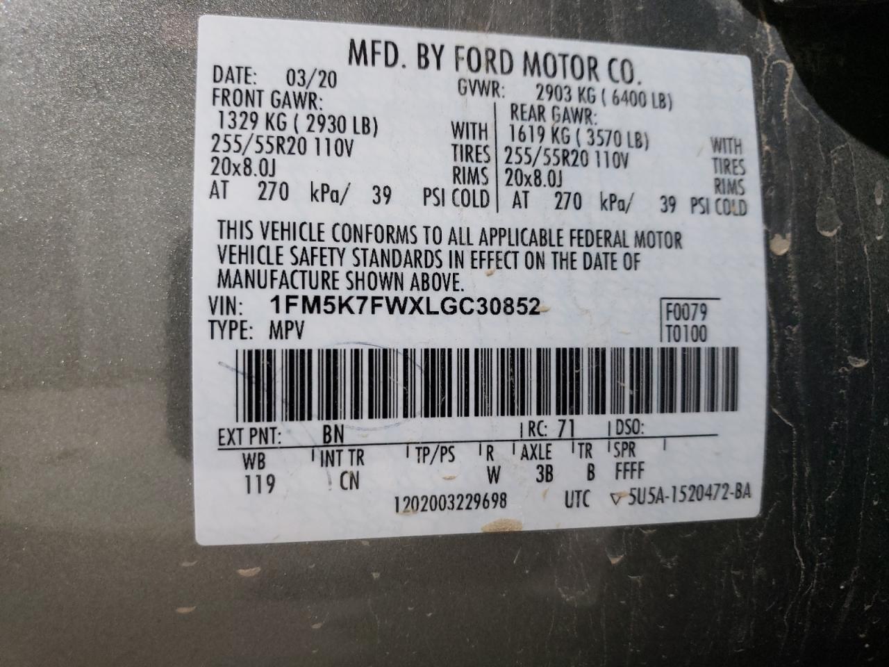 2020 Ford Explorer VIN 1FM5K7FWXLGC30852 Copart auction photo, front end damage thumbnail 14