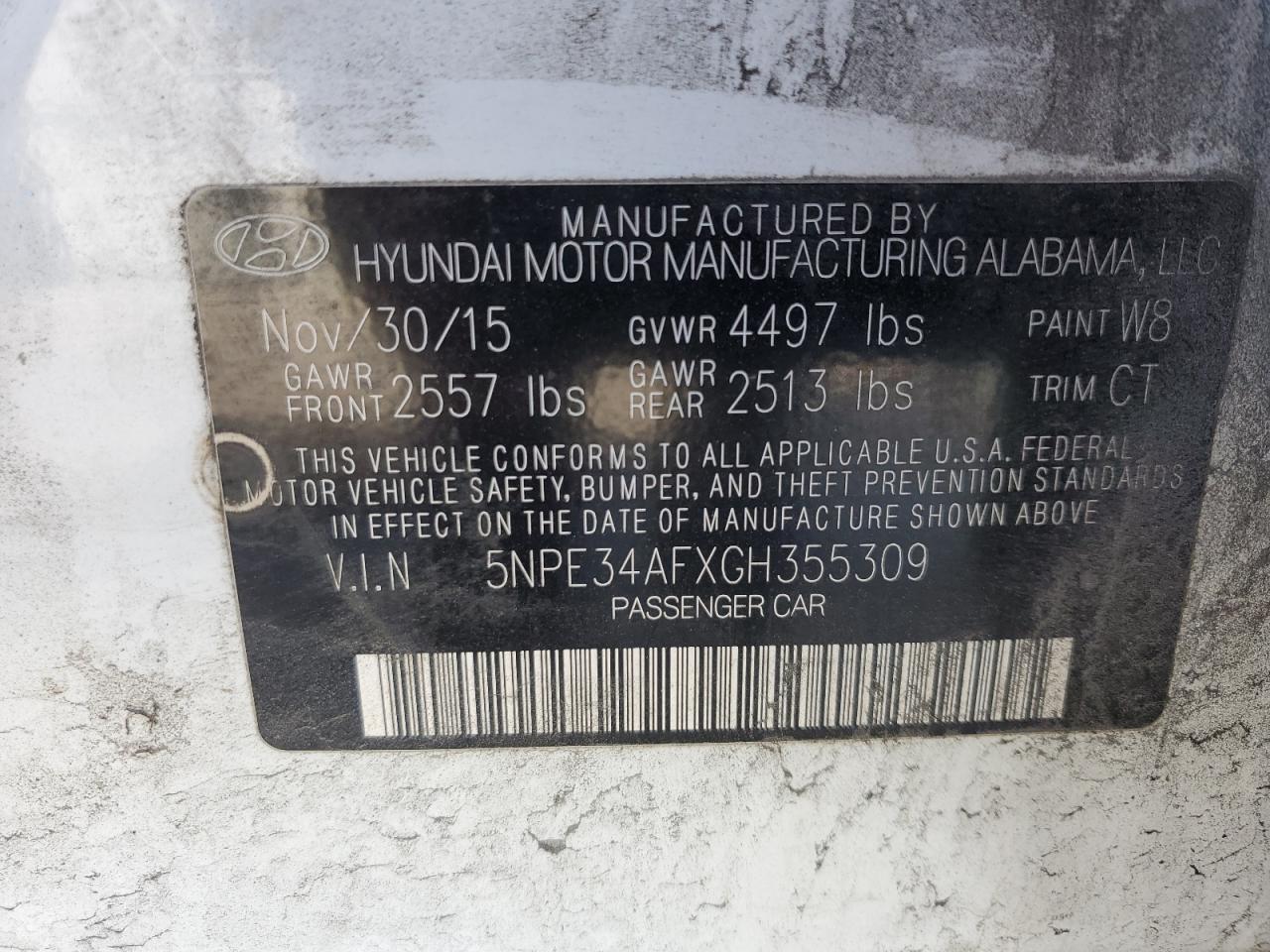 2016 Hyundai Sonata VIN 5NPE34AFXGH355309 Copart auction photo, front end / side damage thumbnail 14