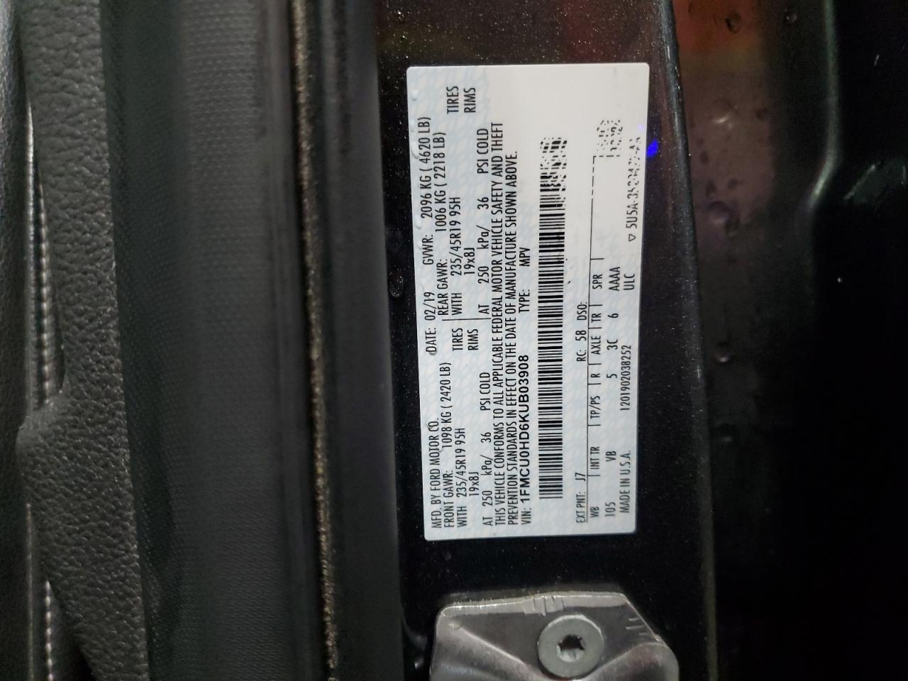 2019 Ford Escape VIN 1FMCU0HD6KUB03908 Copart auction photo, front end / side damage thumbnail 16