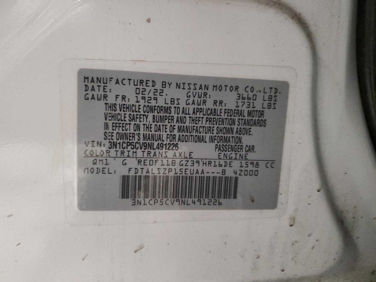 2022 Nissan Kicks VIN 3N1CP5CV9NL491226 Copart auction photo, front end damage thumbnail 13