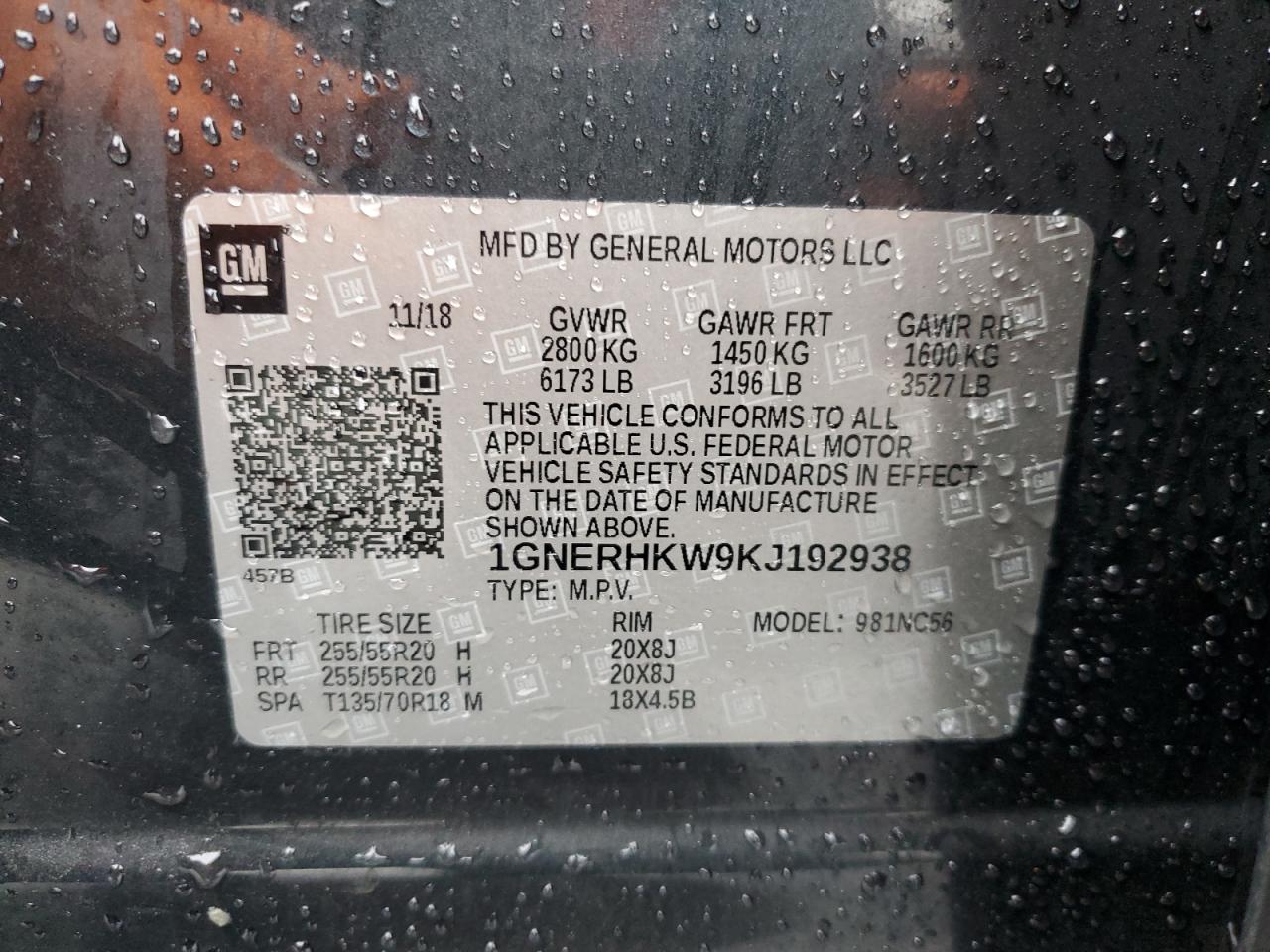 2019 Chevrolet Traverse VIN 1GNERHKW9KJ192938 Copart auction photo, front end damage thumbnail 12