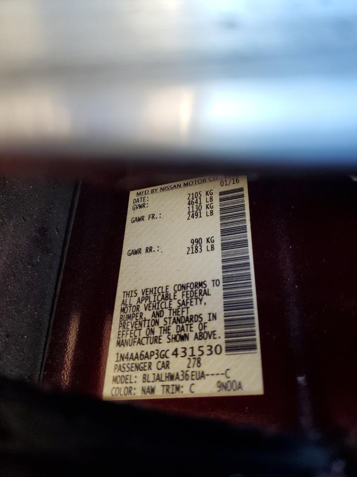 2016 Nissan Maxima VIN 1N4AA6AP3GC431530 Copart auction photo, side / rear end damage thumbnail 14