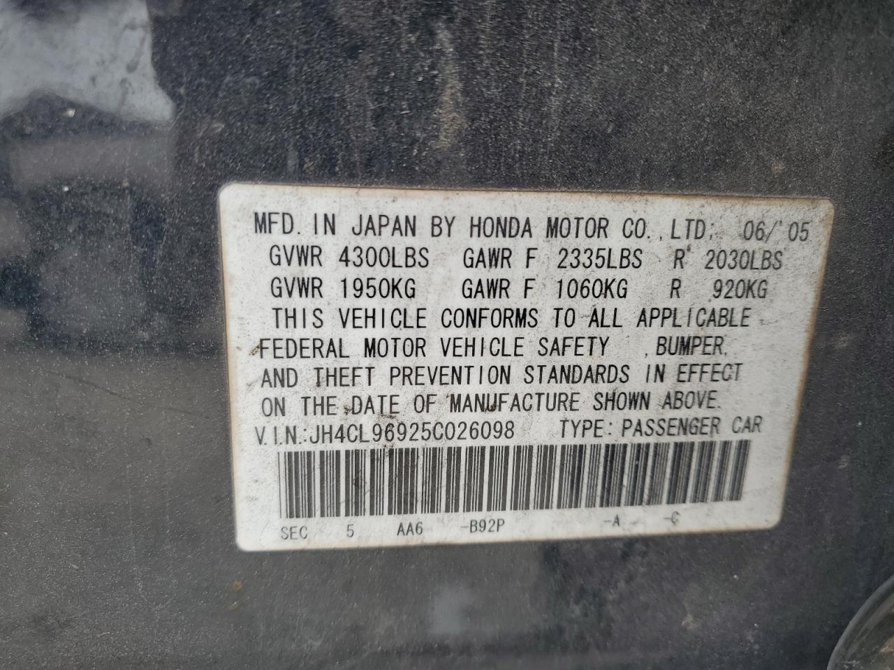 2005 Acura TSX VIN JH4CL96925C026098 Copart auction photo, all over damage thumbnail 13
