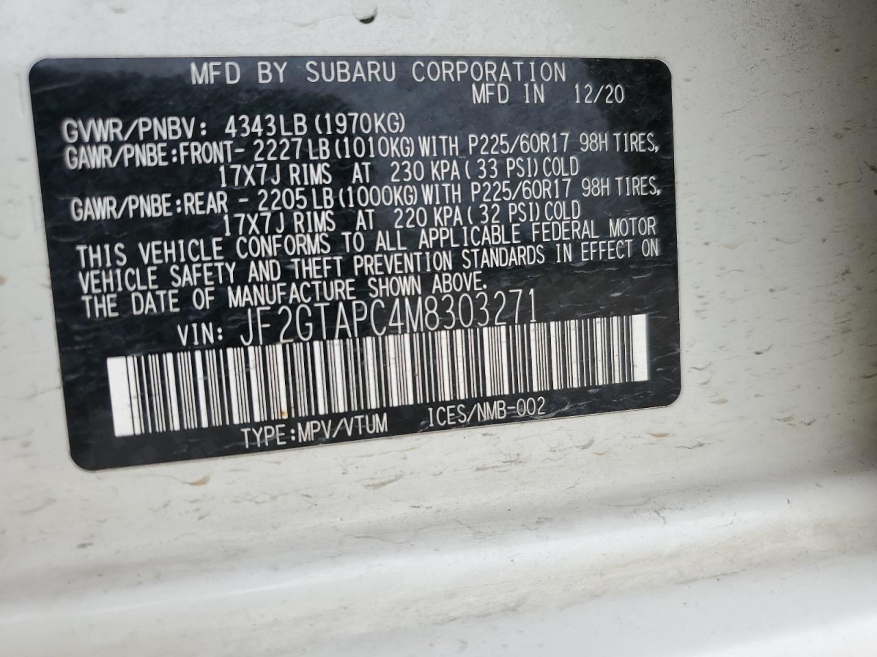 2021 Subaru XV VIN JF2GTAPC4M8303271 Copart auction photo, front end damage thumbnail 15