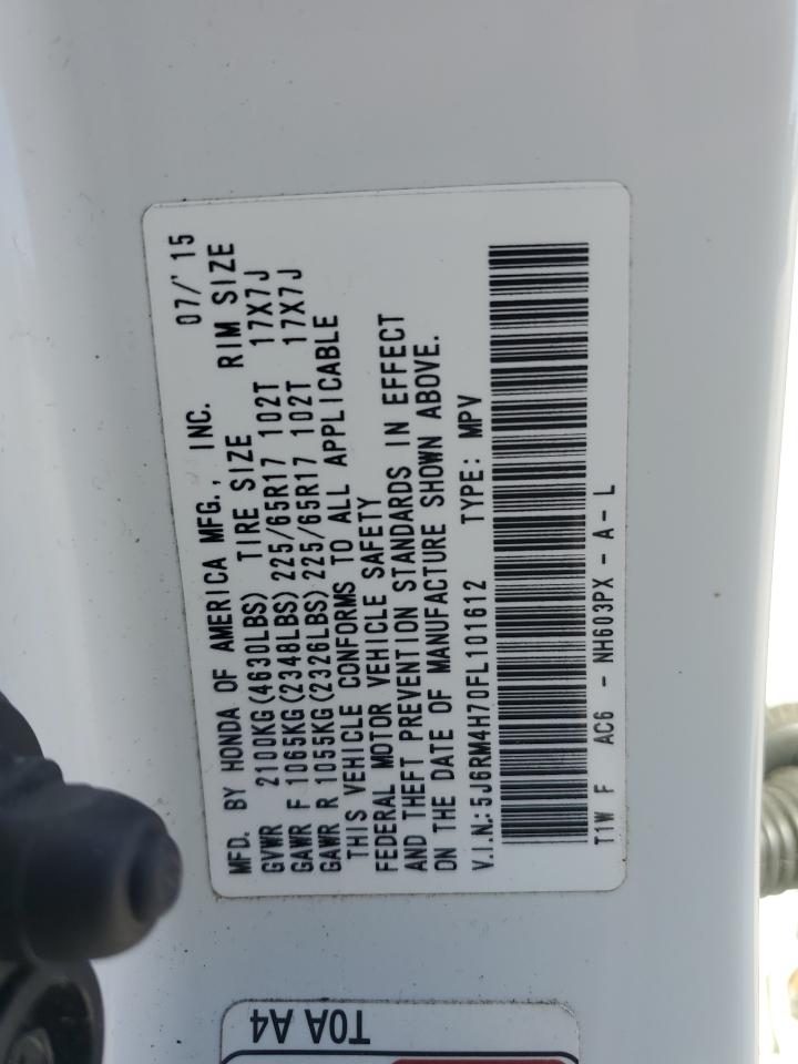2015 Honda CR-V VIN 5J6RM4H70FL101612 Copart auction photo, rear end damage thumbnail 14