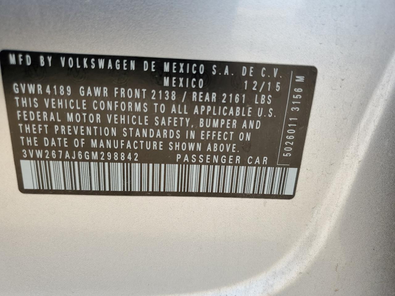 2017 Volkswagen Jetta VIN 3VW267AJ6GM298842 Copart auction photo, rear end damage thumbnail 12