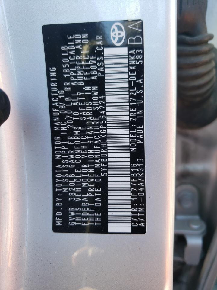 2016 Toyota Corolla VIN 5YFBURHEXGP564224 Copart auction photo, rollover / all over damage thumbnail 13