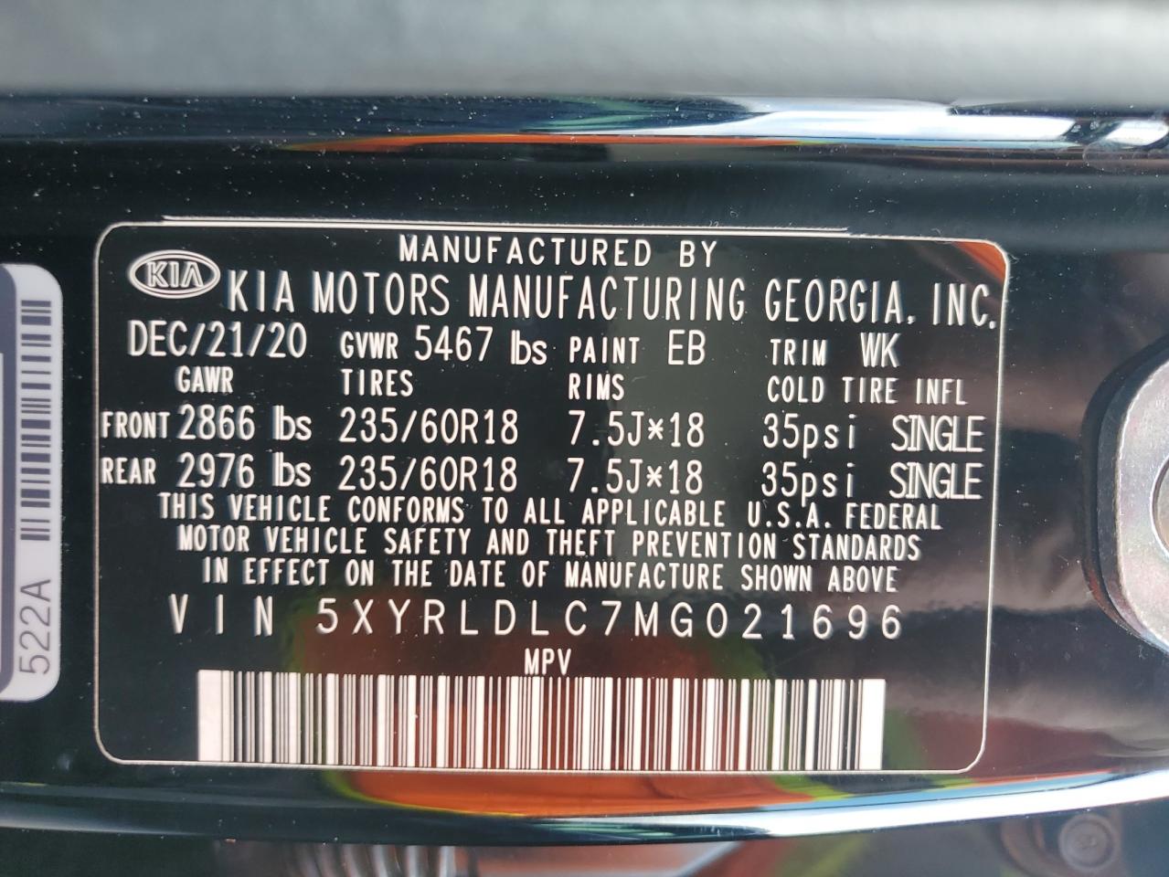 2021 KIA Sorento VIN 5XYRLDLC7MG021696 Copart auction photo, side damage thumbnail 13