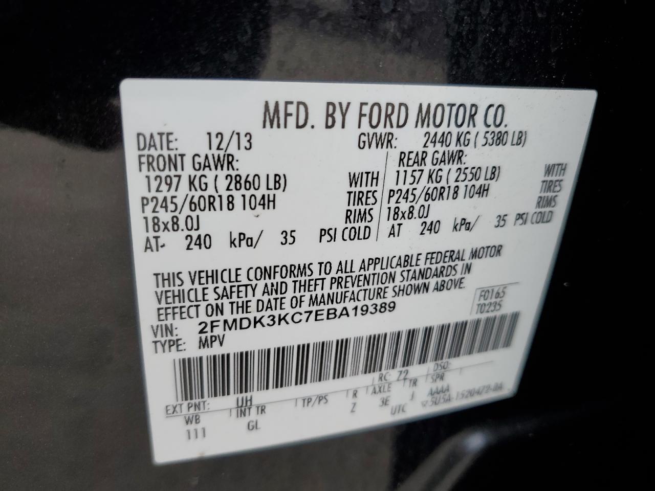 2014 Ford Edge VIN 2FMDK3KC7EBA19389 Copart auction photo, front end damage thumbnail 15