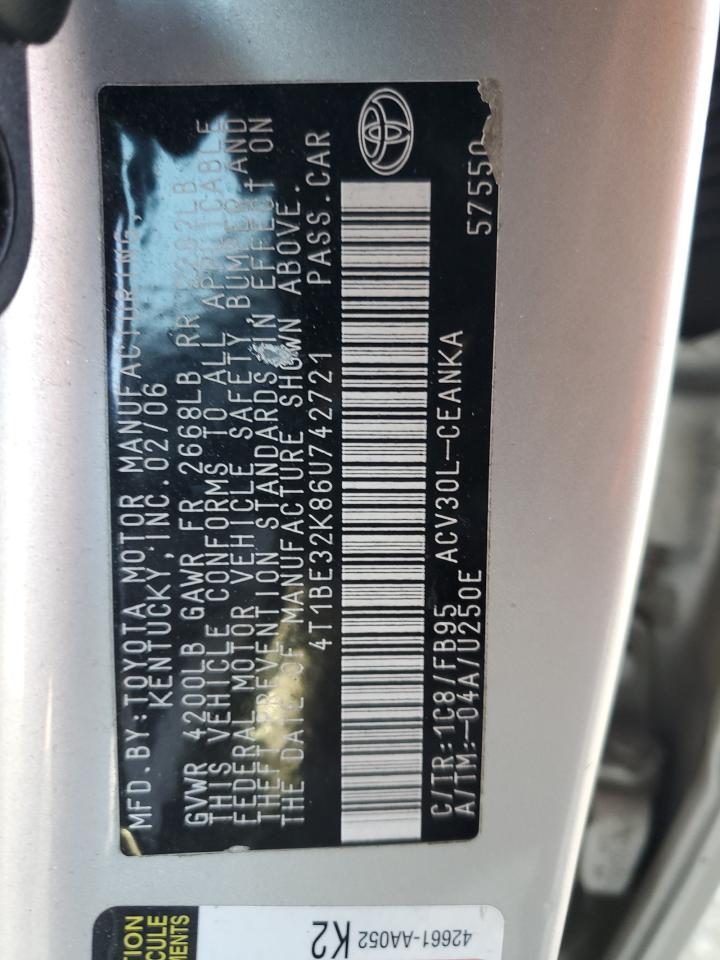 2006 Toyota Camry VIN 4T1BE32K86U742721 Copart auction photo, front end / side damage thumbnail 12