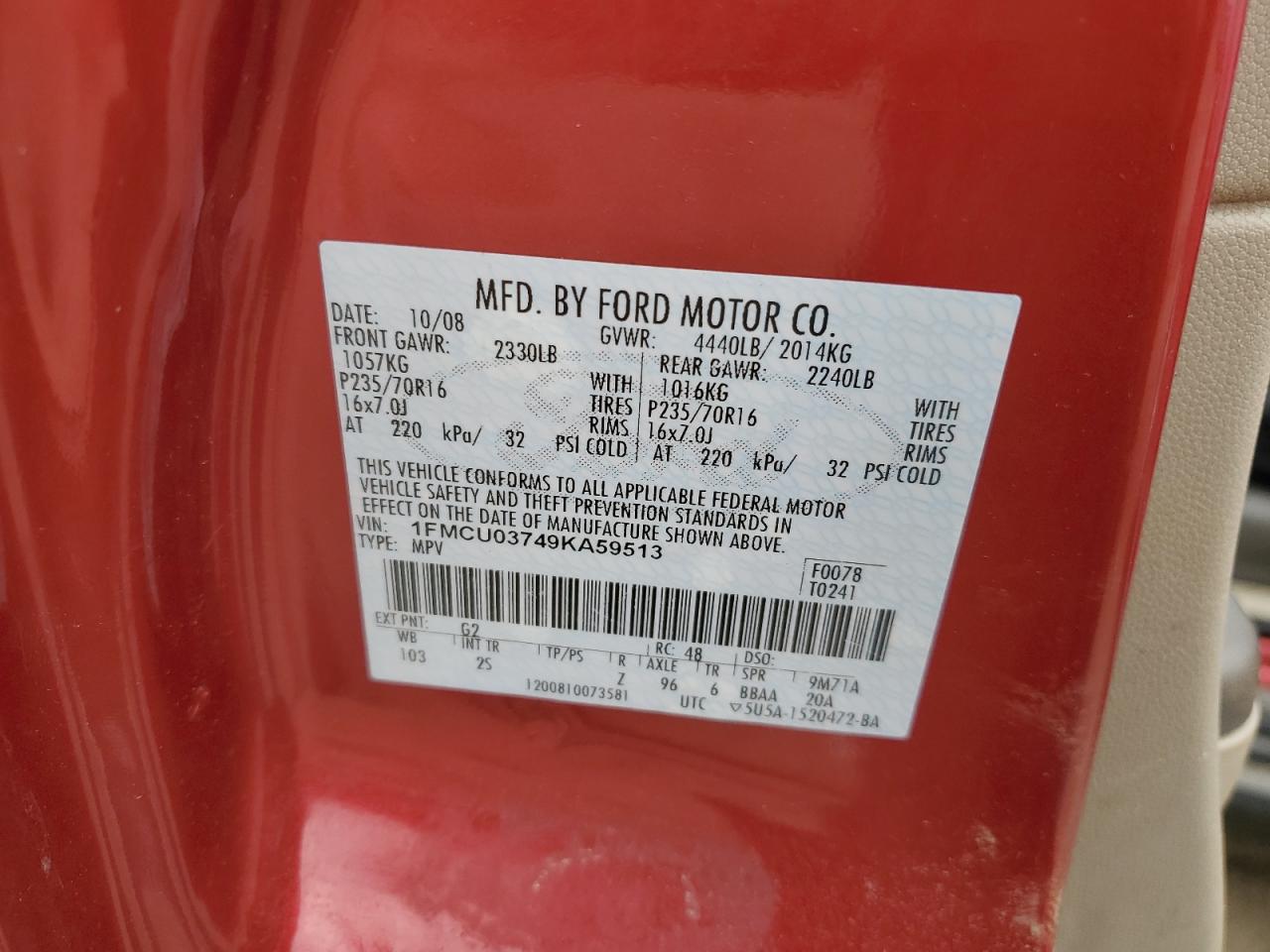 2009 Ford Escape VIN 1FMCU03749KA59513 Copart auction photo, front end / side damage thumbnail 12