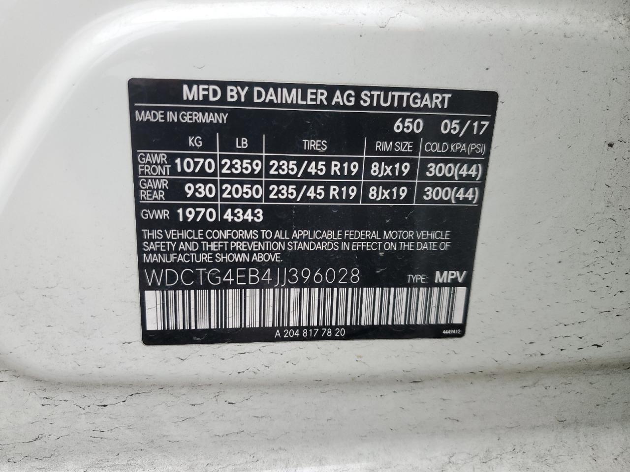 2018 Mercedes-Benz GLA-klasse VIN WDCTG4EB4JJ396028 Copart auction photo, front end / minor dent/scratches damage thumbnail 16