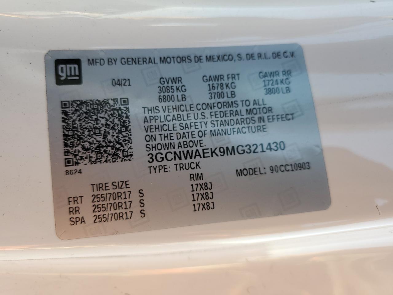 2021 Chevrolet Silverado VIN 3GCNWAEK9MG321430 Copart auction photo, front end / side damage thumbnail 15
