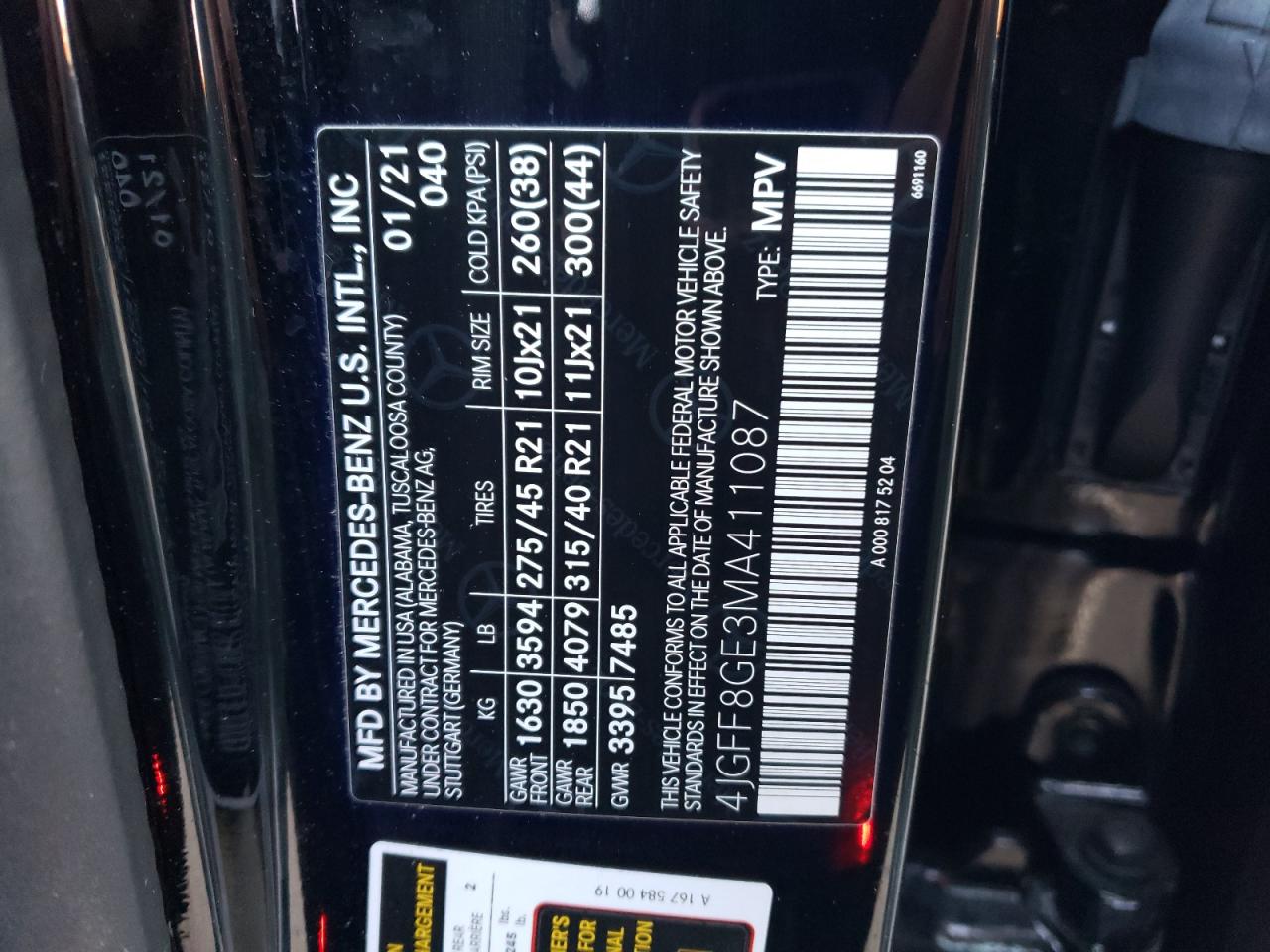 2021 Mercedes-Benz GLS-klasse VIN 4JGFF8GE3MA411087 Copart auction photo, front end damage thumbnail 13