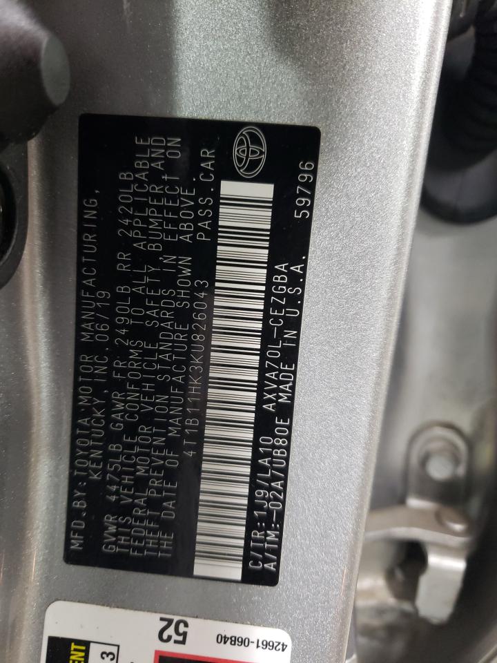 2019 Toyota Camry VIN 4T1B11HK3KU826043 Copart auction photo, front end / side damage thumbnail 12