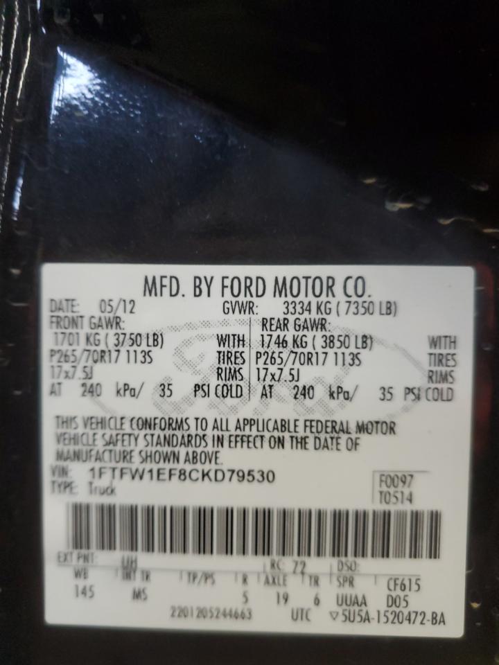 2012 Ford F-150 VIN 1FTFW1EF8CKD79530 Copart auction photo, rear end / minor dent/scratches damage thumbnail 12
