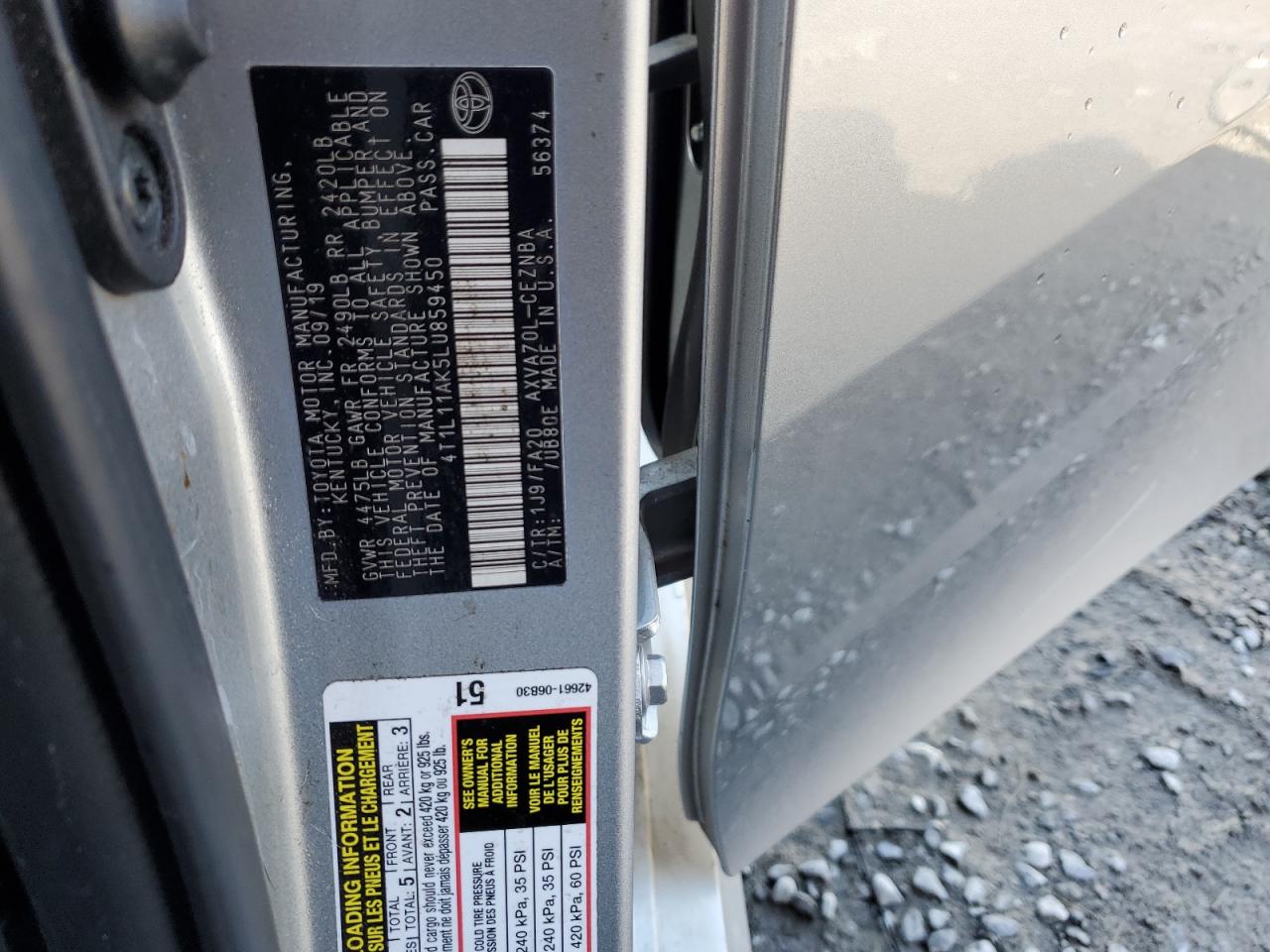2020 Toyota Camry VIN 4T1L11AK5LU859450 Copart auction photo, rear end damage thumbnail 13