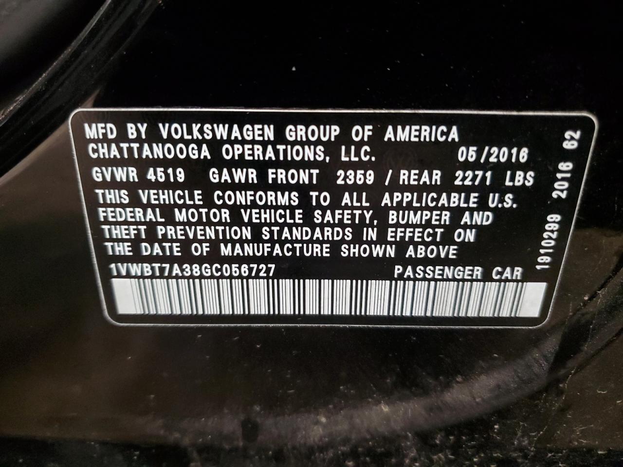 2016 Volkswagen Passat VIN 1VWBT7A38GC056727 Copart auction photo, front end damage thumbnail 12