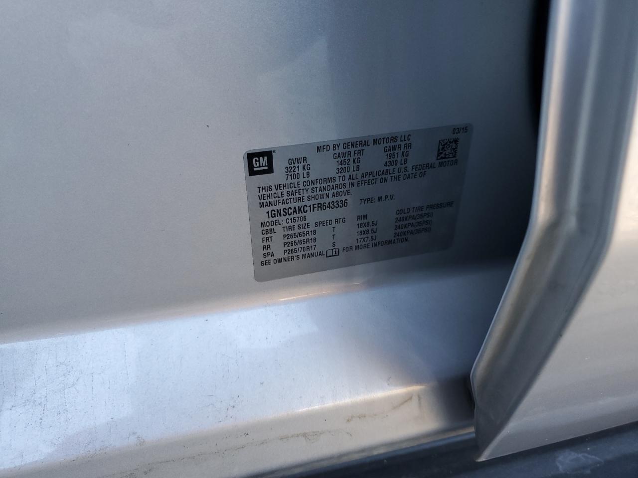 2015 Chevrolet Tahoe VIN 1GNSCAKC1FR643336 Copart auction photo, front end damage thumbnail 13