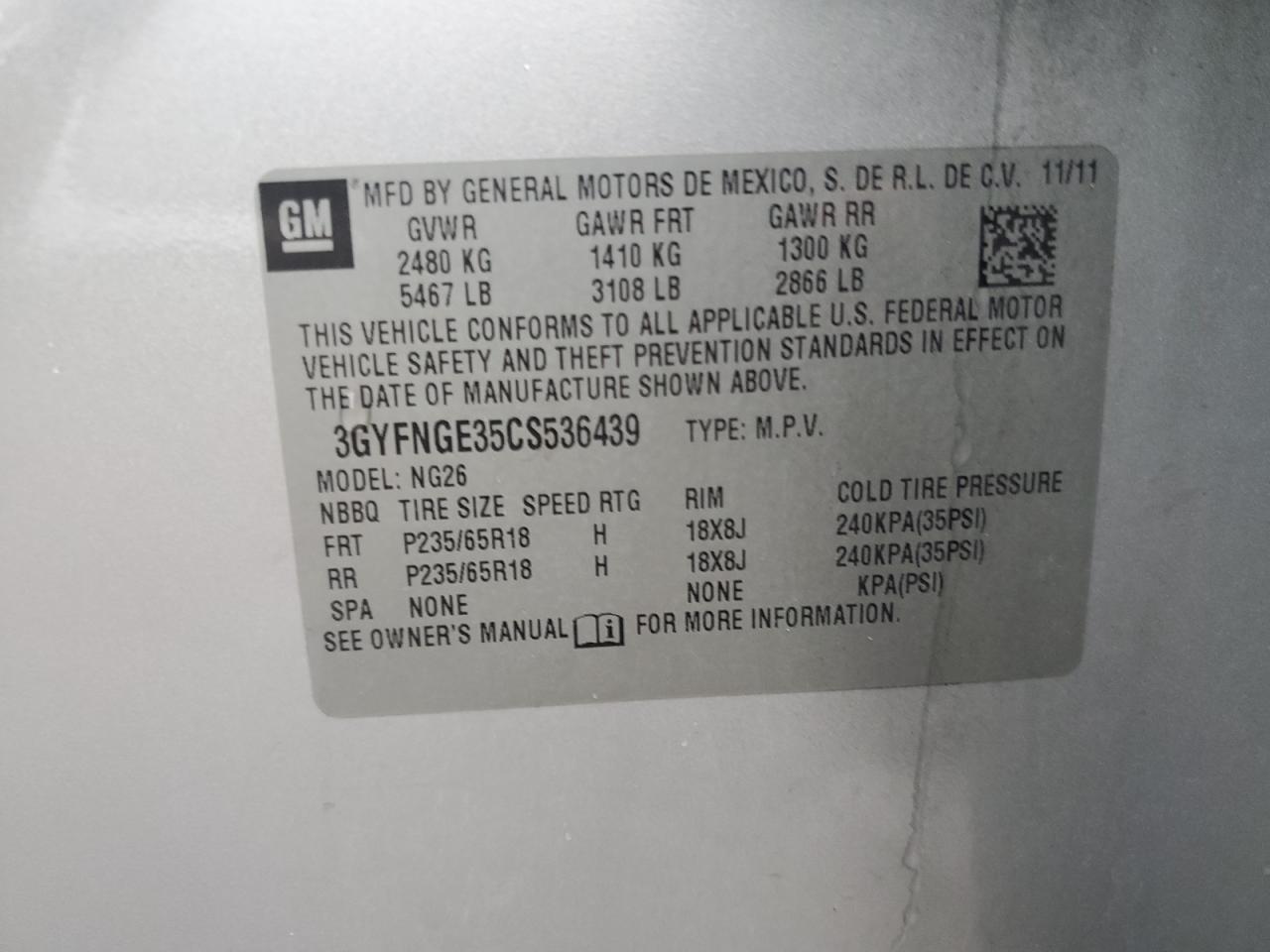 2012 Cadillac SRX VIN 3GYFNGE35CS536439 Copart auction photo, front end / side damage thumbnail 13