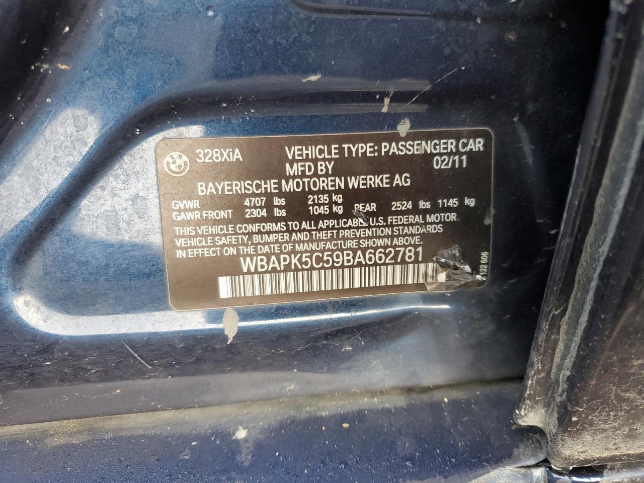 2011 BMW 3er VIN WBAPK5C59BA662781 Copart auction photo, all over damage thumbnail 12