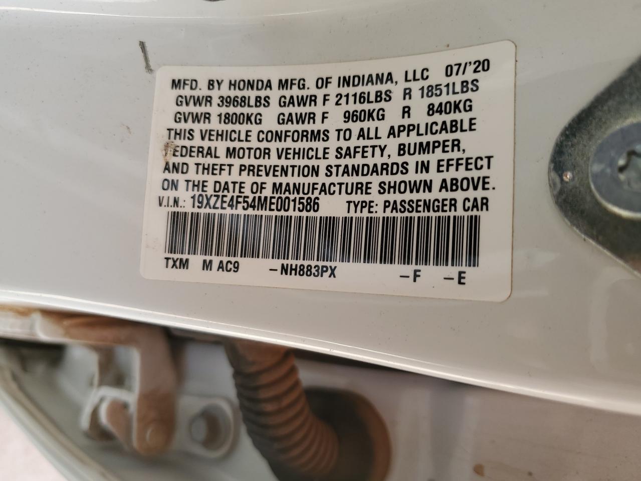 2021 Honda Insight VIN 19XZE4F54ME001586 Copart auction photo, all over damage thumbnail 14